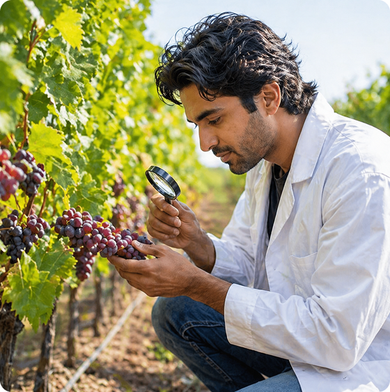 Scientist inspecting grapes